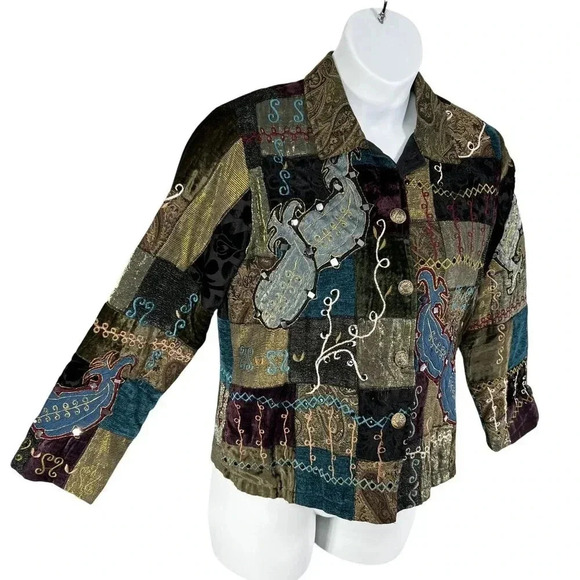 Vintage Alex Kim Womens M Patchwork Velvet Jacket Art To Wear Embroidered BOHO - Picture 8 of 16